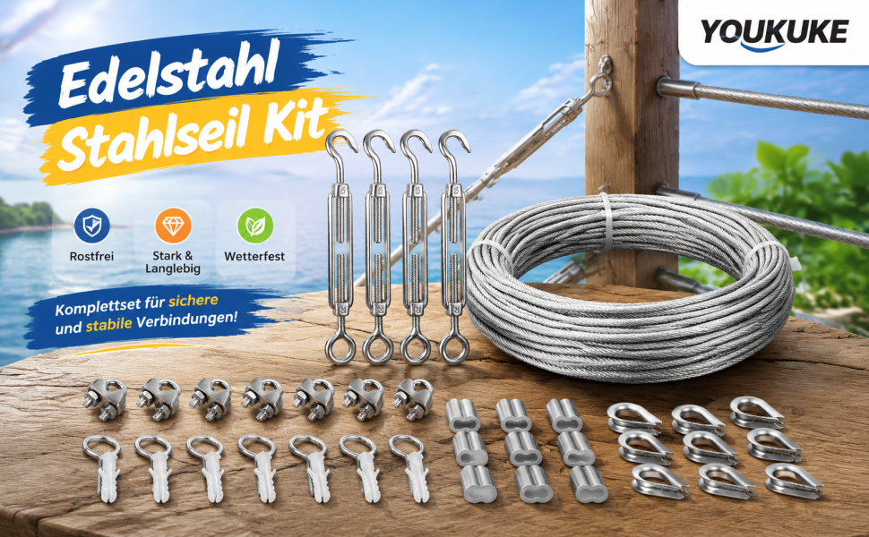 20m Edelstahl Drahtseil Kit