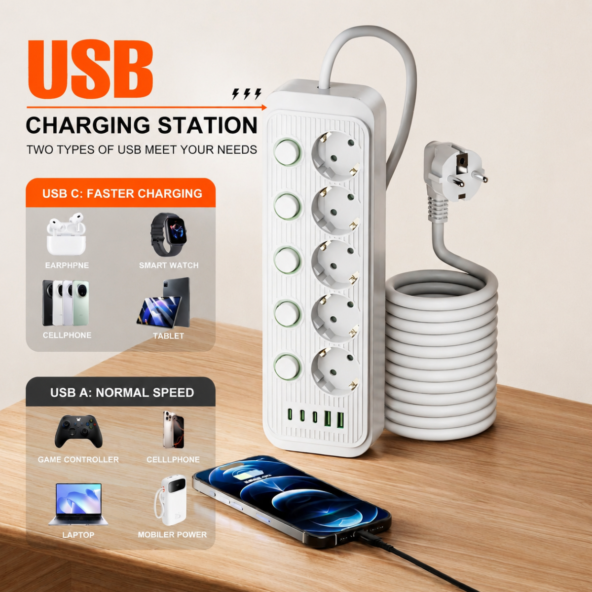 5 Steckdosen und USB-Anschlüsse